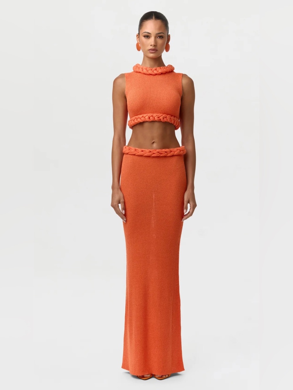 Naked Wardrobe Orange Knit Maxi Skirt Set with Braided Waist